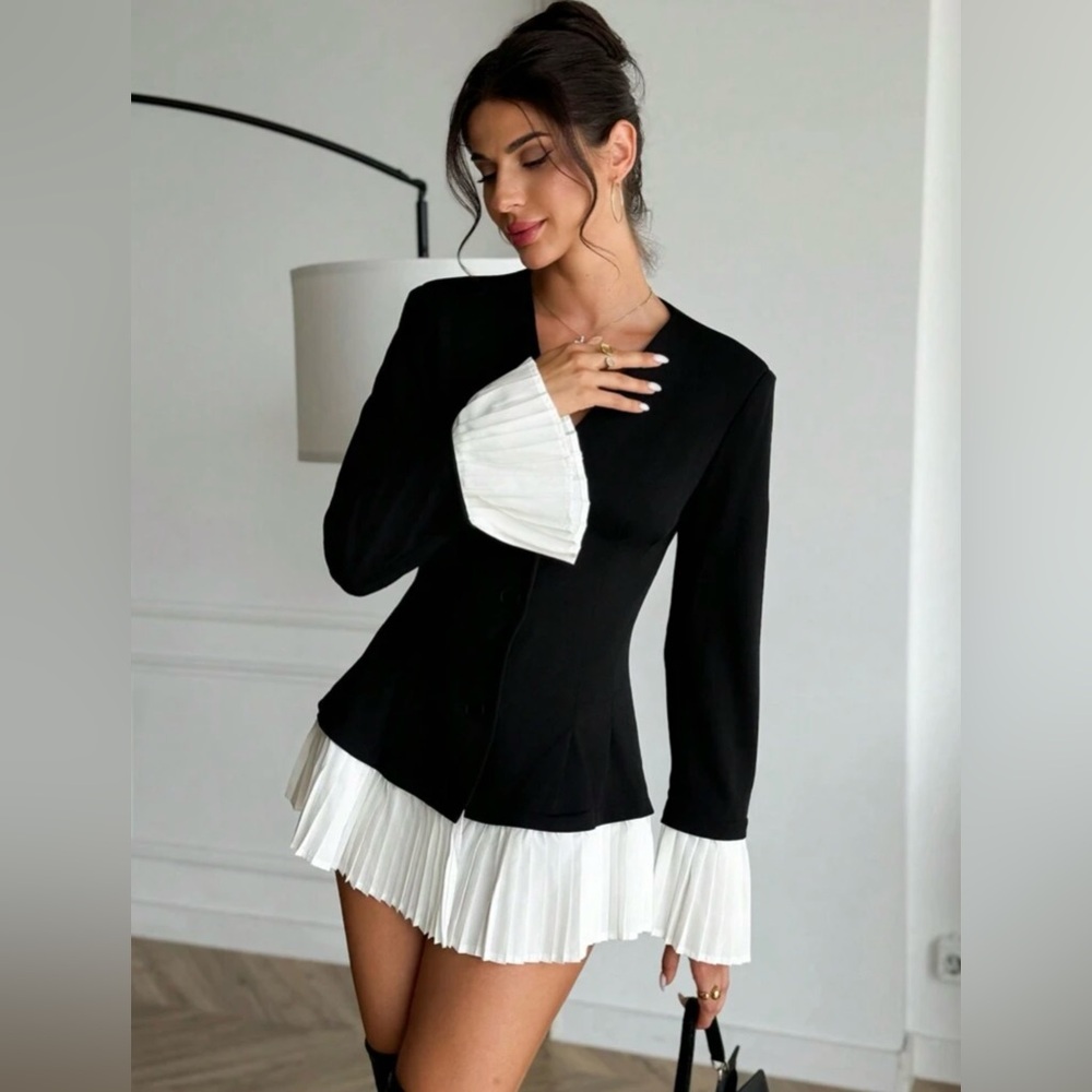 Waist Cinched A-Line Deep V Pleated Ruffle Elegant Office Blazer - Picture 3 of 4